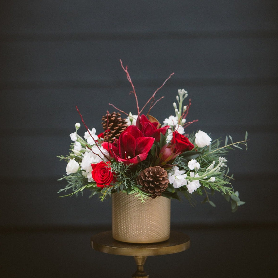 Red and white Floral arrangement in gold dimple pot