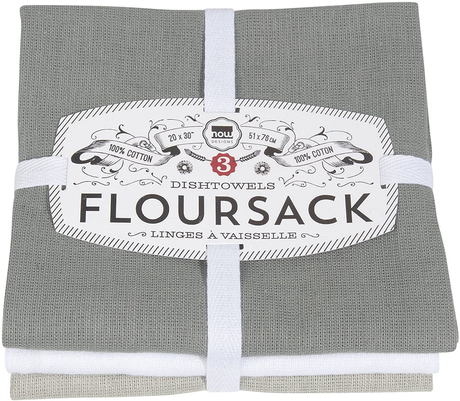 Floursack Kitchen Towels, Set of Three, Gray/White/Moonstruck Gray