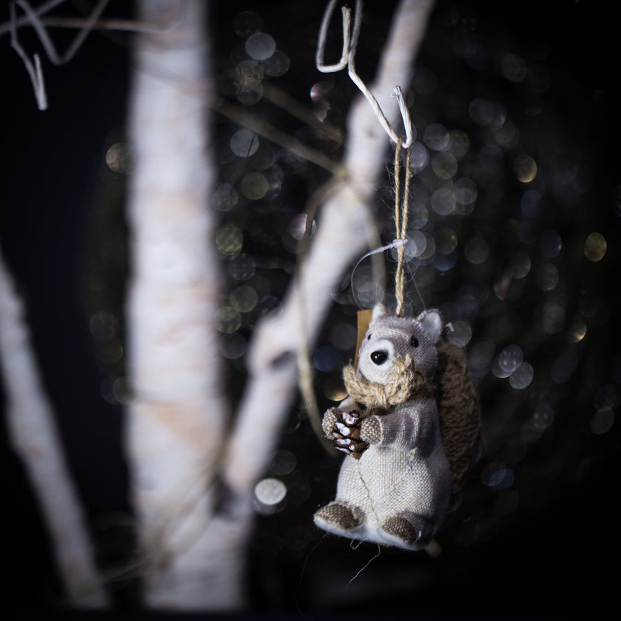 Squirrel with pinecone burlap ornament