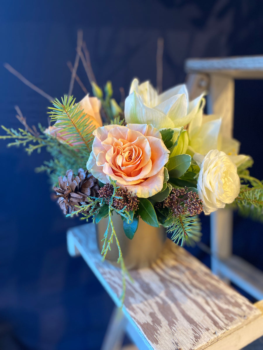 Gold, pinks and white winter arrangement