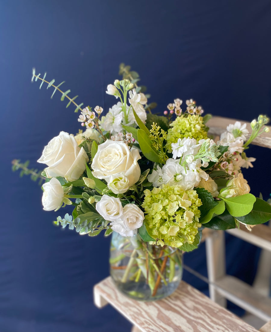 White and green vase arrangement - large $150