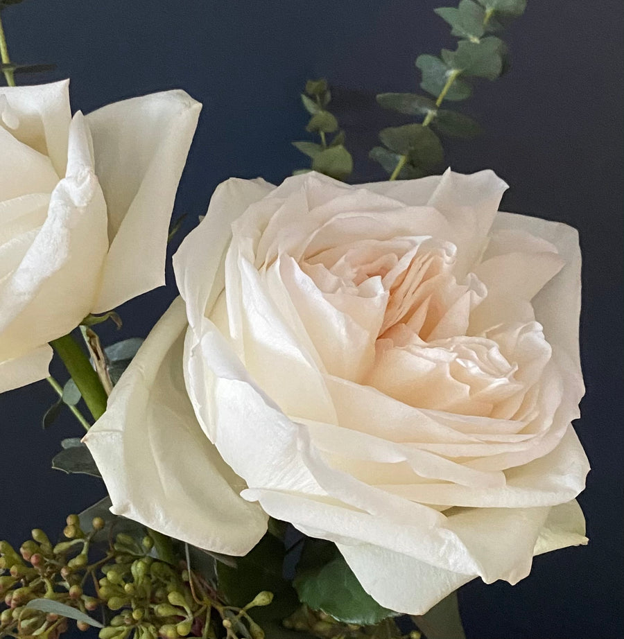 One dozen white roses in clear or ceramic vase
