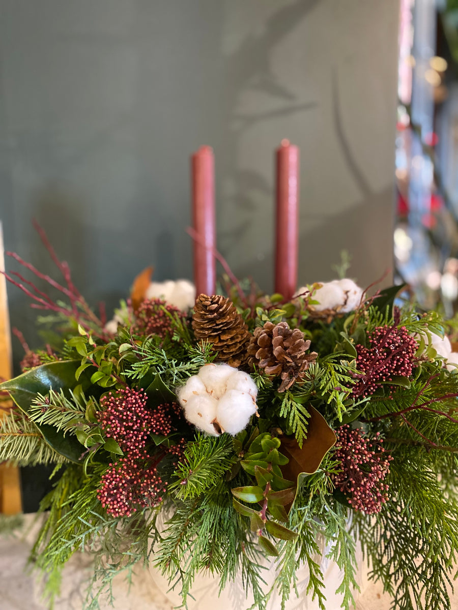 Woodland winter centrepiece with candles