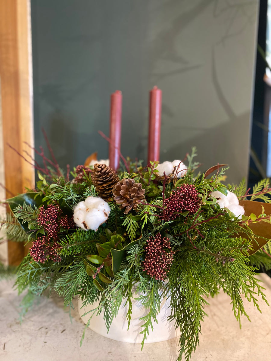 Woodland winter centrepiece with candles
